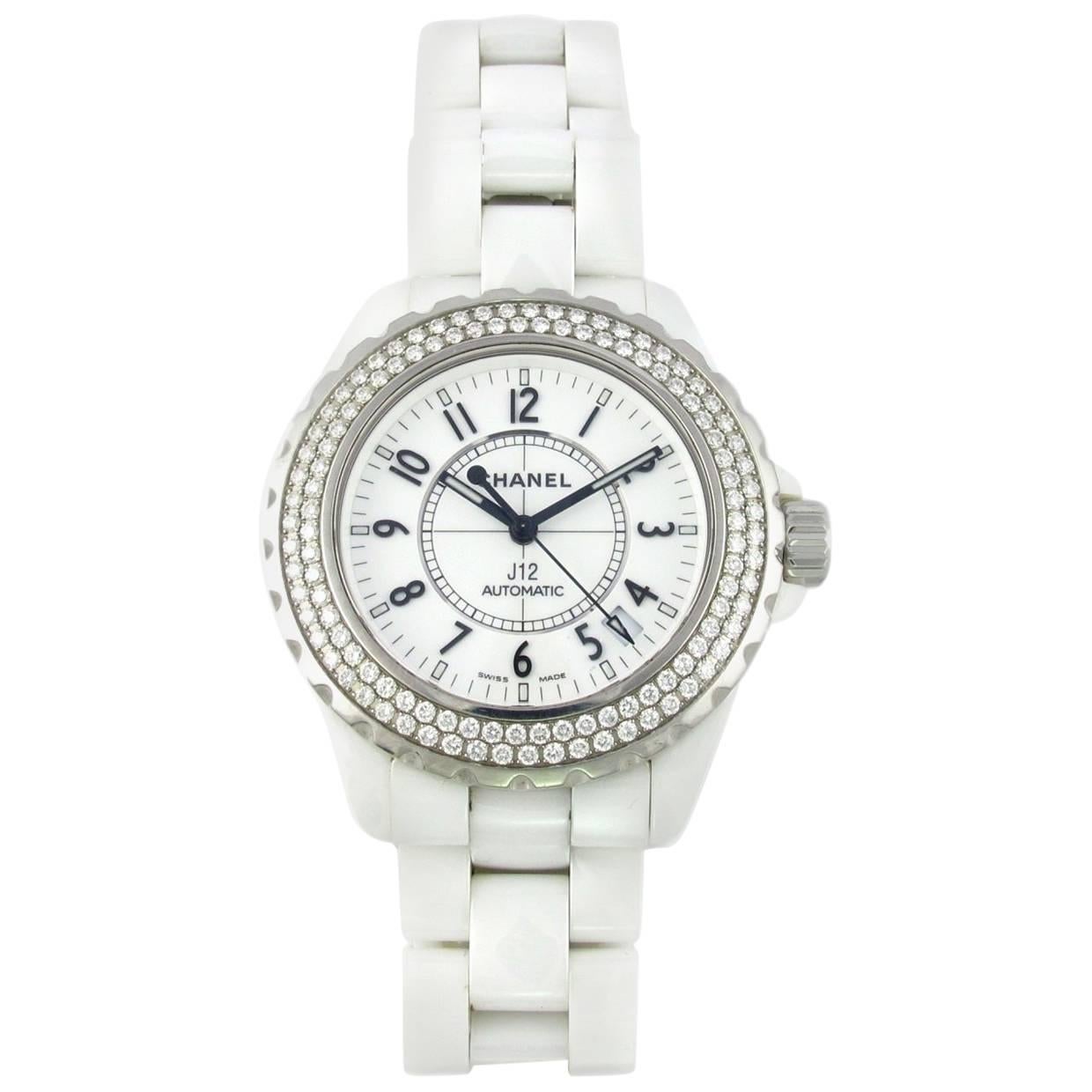 Chanel White Ceramic Diamond Large J12 Automatic Wristwatch