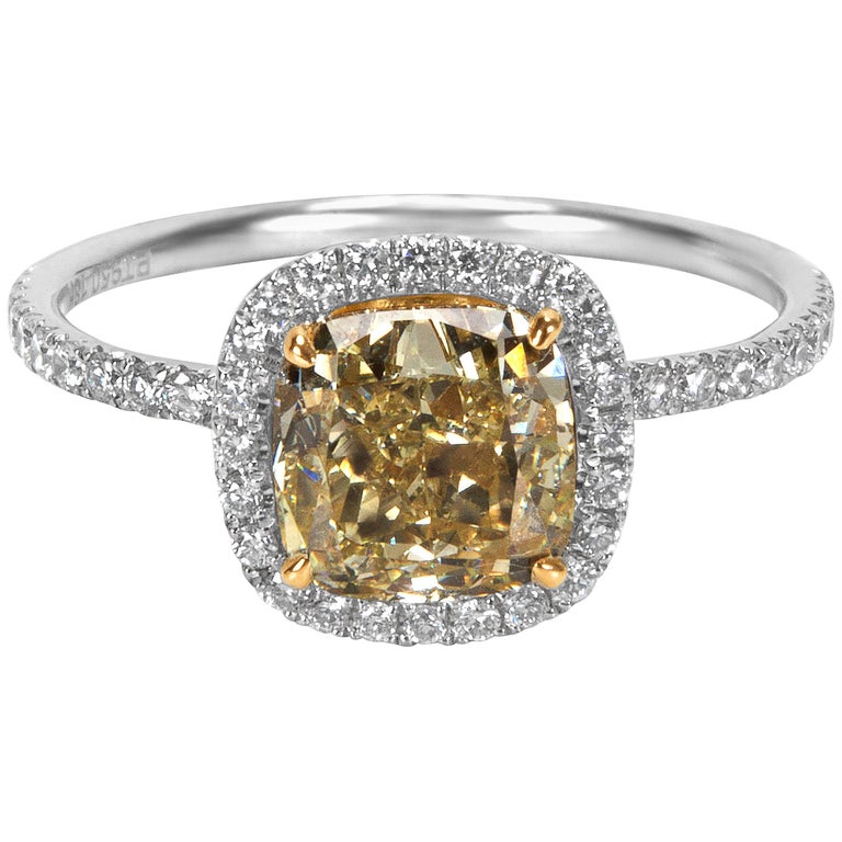 GIA Certified Fancy Yellow Cushion Cut Platinum Diamond Engagement Ring ...