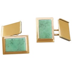 1930s German Art Deco Jade Green Hydrogrossular Garnet Gold Cufflinks Bauhaus