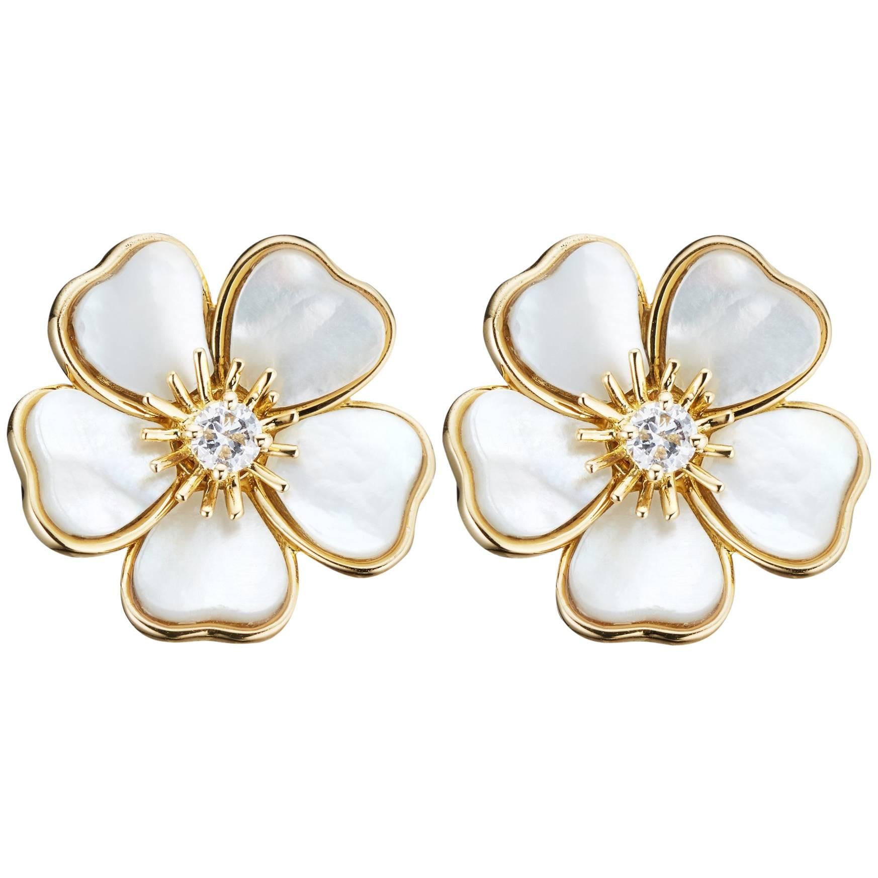 Van Cleef & Arpels Diamond Mother-of-Pearl Flower Earrings