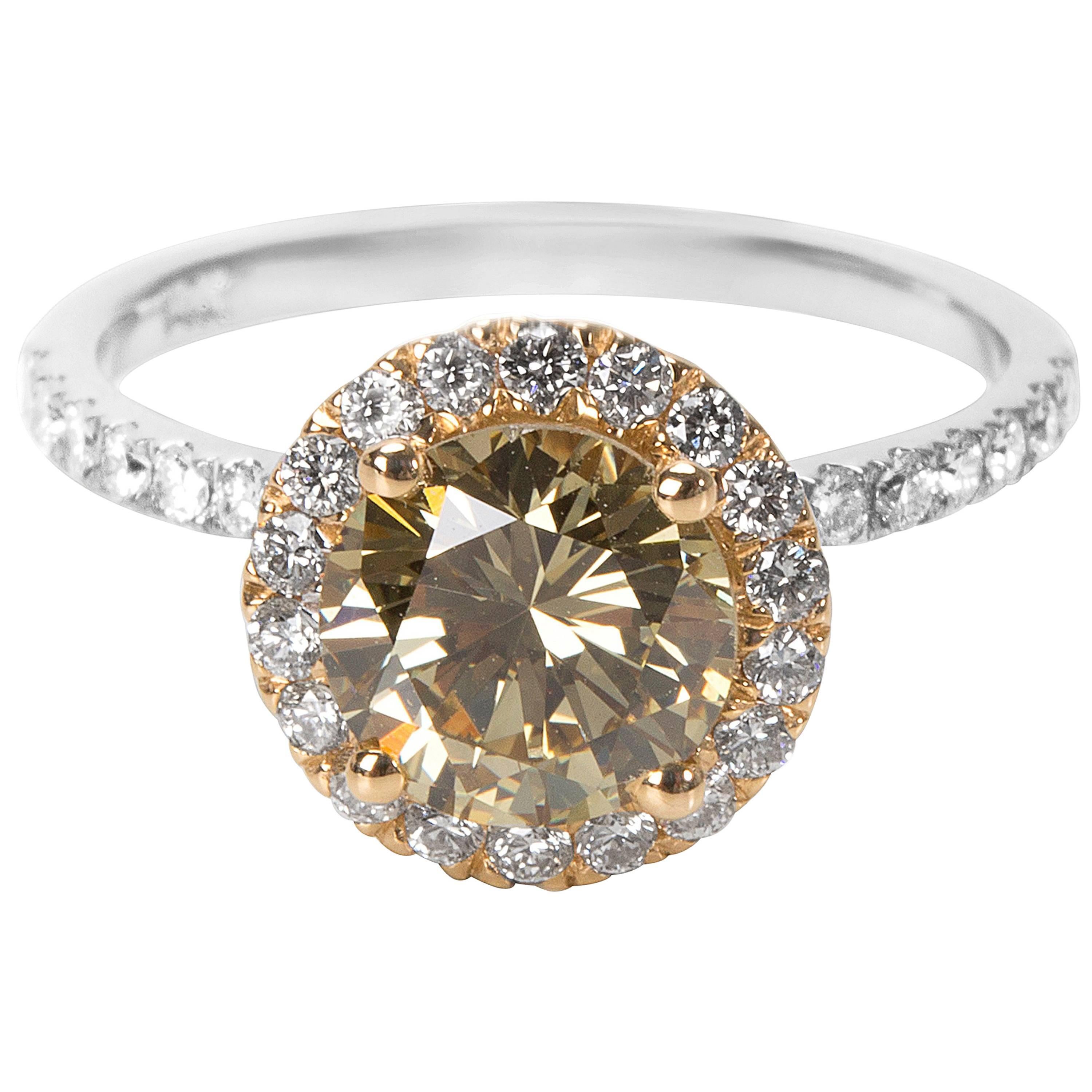 GIA Certified Brownish Yellow Diamond Engagement Ring in 14KT Gold 2.08 Carat
