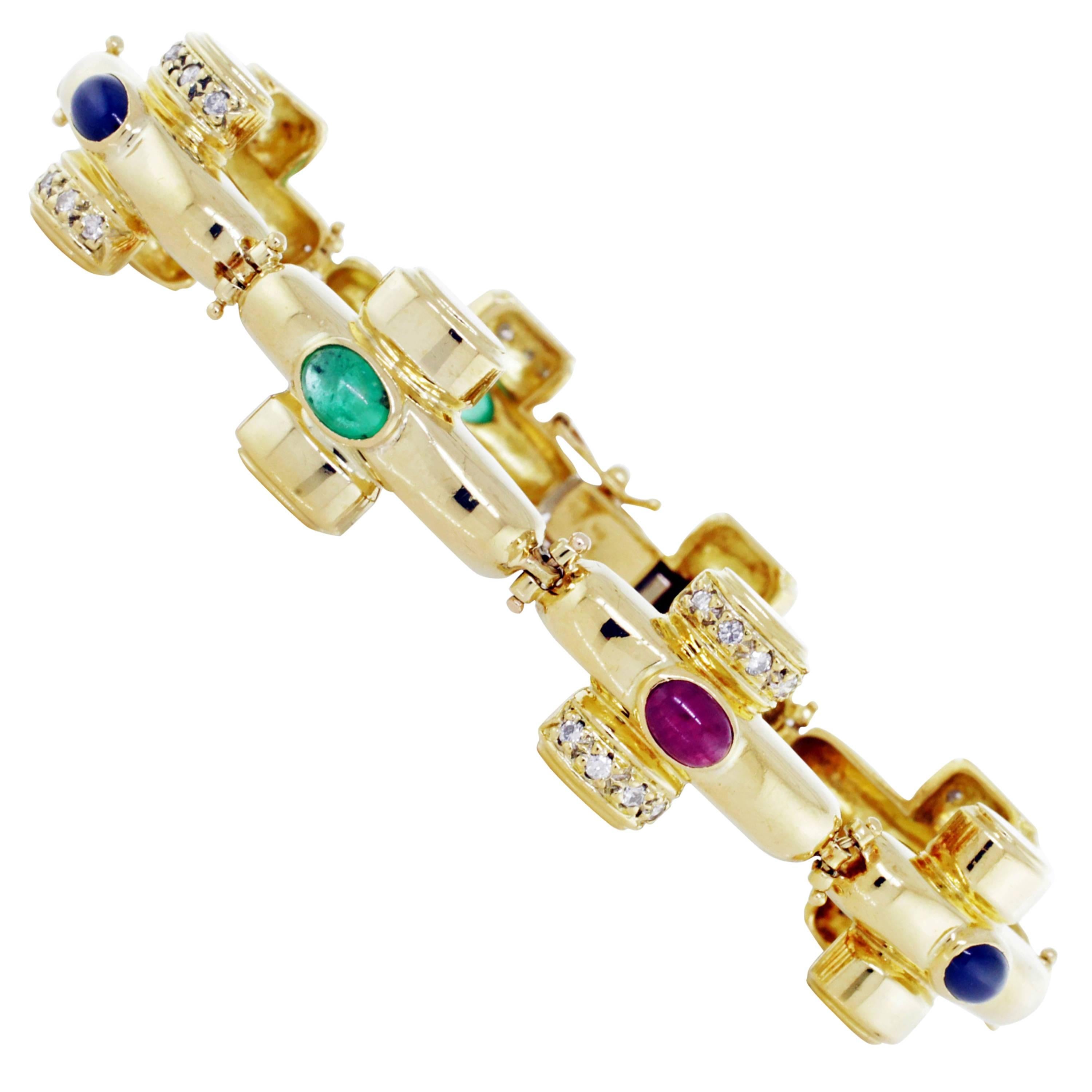 Yellow Gold Link Bracelet with Diamond Rubies and Emeralds