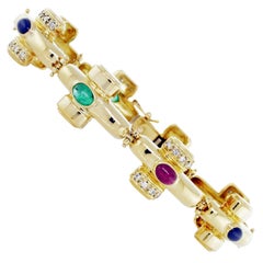 Yellow Gold Link Bracelet with Diamond Rubies and Emeralds