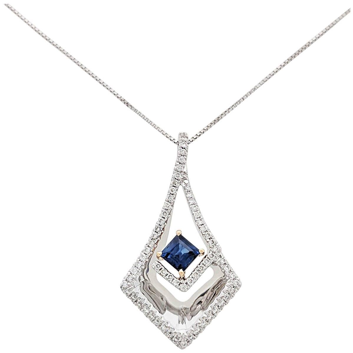 14 Karat Two-Tone Diamond and Sapphire Pendant Necklace