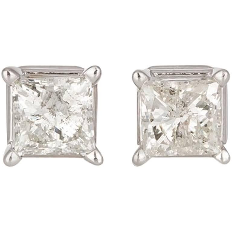 Ladies 14 Karat White Gold and Princess Cut Diamond Stud Earrings 1.20