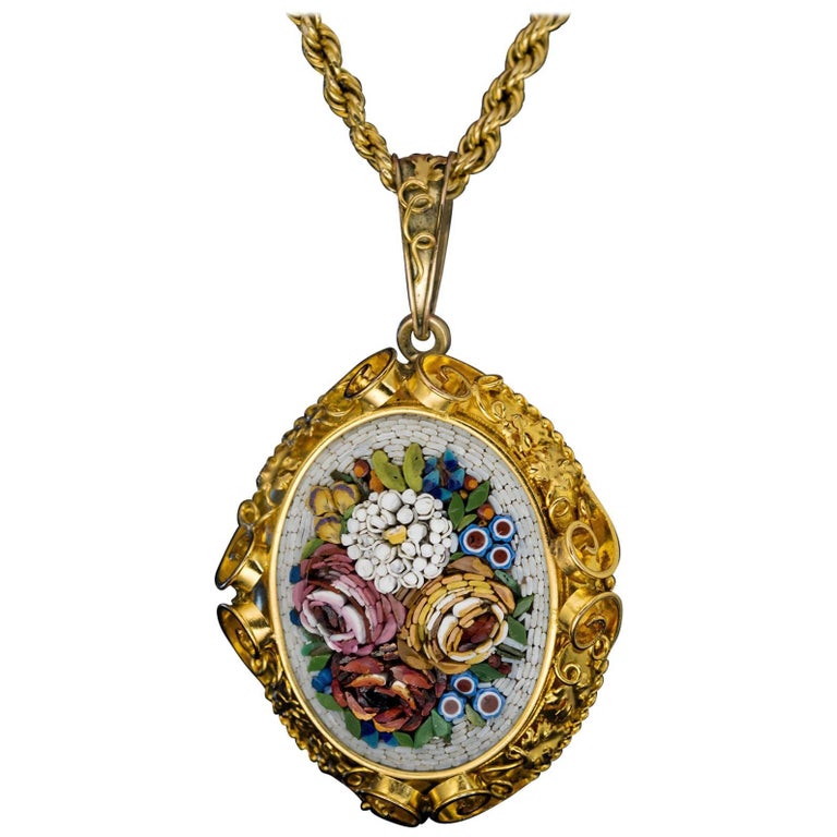 Large Antique Italian Micro Mosaic Gold Locket Necklace For Sale at