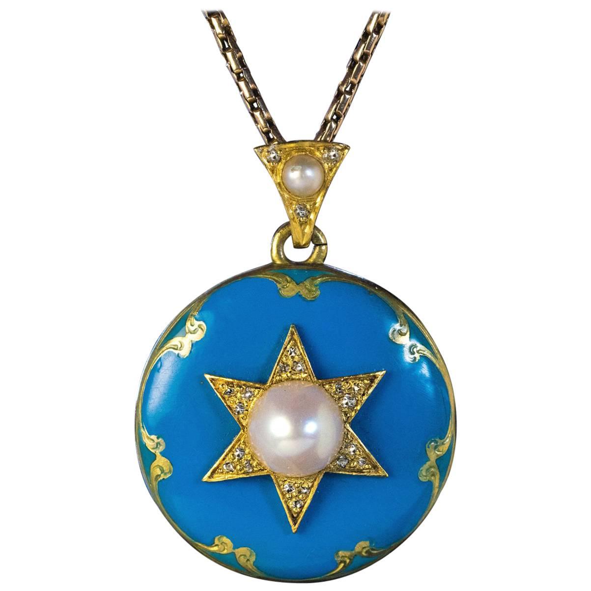 Antique Victorian Blue Enamel Pearl Diamond Gold Pendant