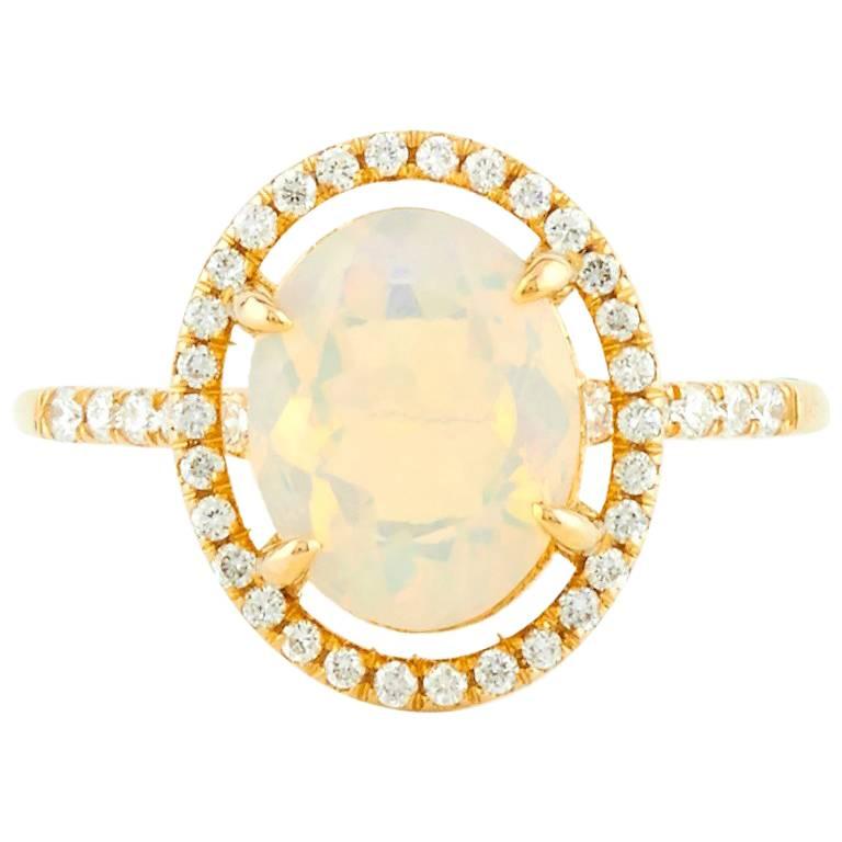 Aurora 18 Karat Yellow Gold Welo Opal and Natural Pave Diamond Ring For Sale