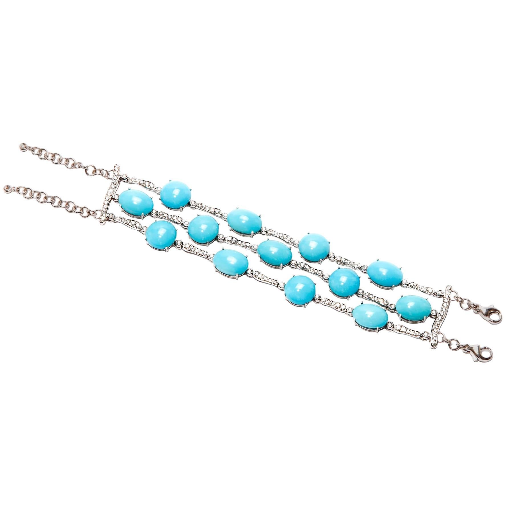 A & Furst Three-Row Bracelet 82.50 Carat Turquoise and 2.19 Carat Diamonds For Sale