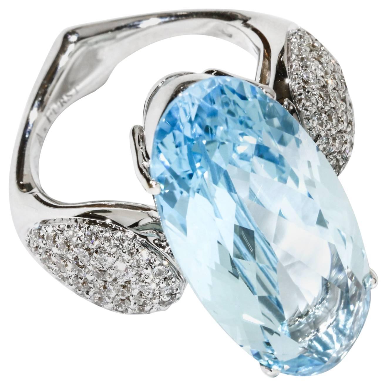 A & Furst Fleur-de-Lys Cocktail Ring Blue Topaz Diamonds 18 Karat White Gold For Sale