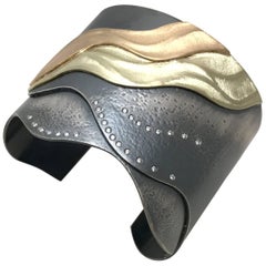 Wide Wave Cuff Bracelet with Yellow and Green Gold and Oxidized Silver