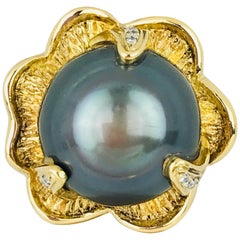 South Sea Tahitian Pearl Flower Ring, Retro with Diamonds