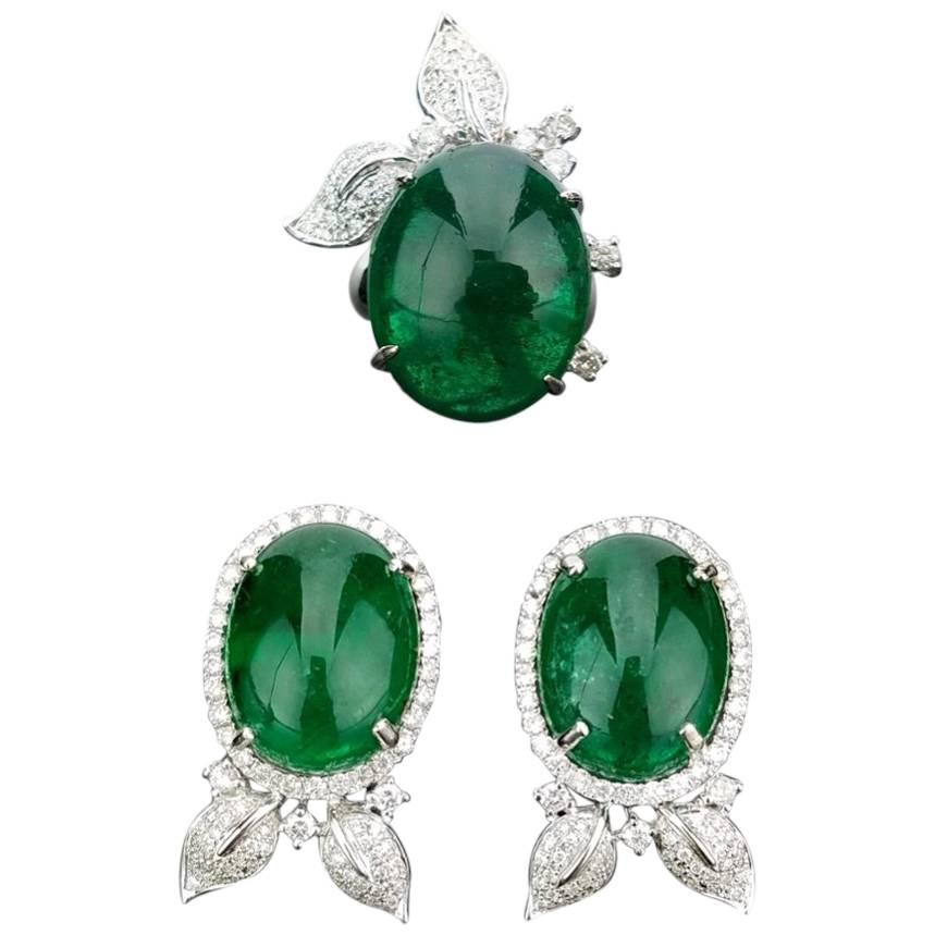 Emerald Cabochon and Diamond Floral Ring and Earring Suite