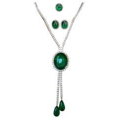 Emerald Cabochon and Diamond 18 Karat Gold Jewelry Suite