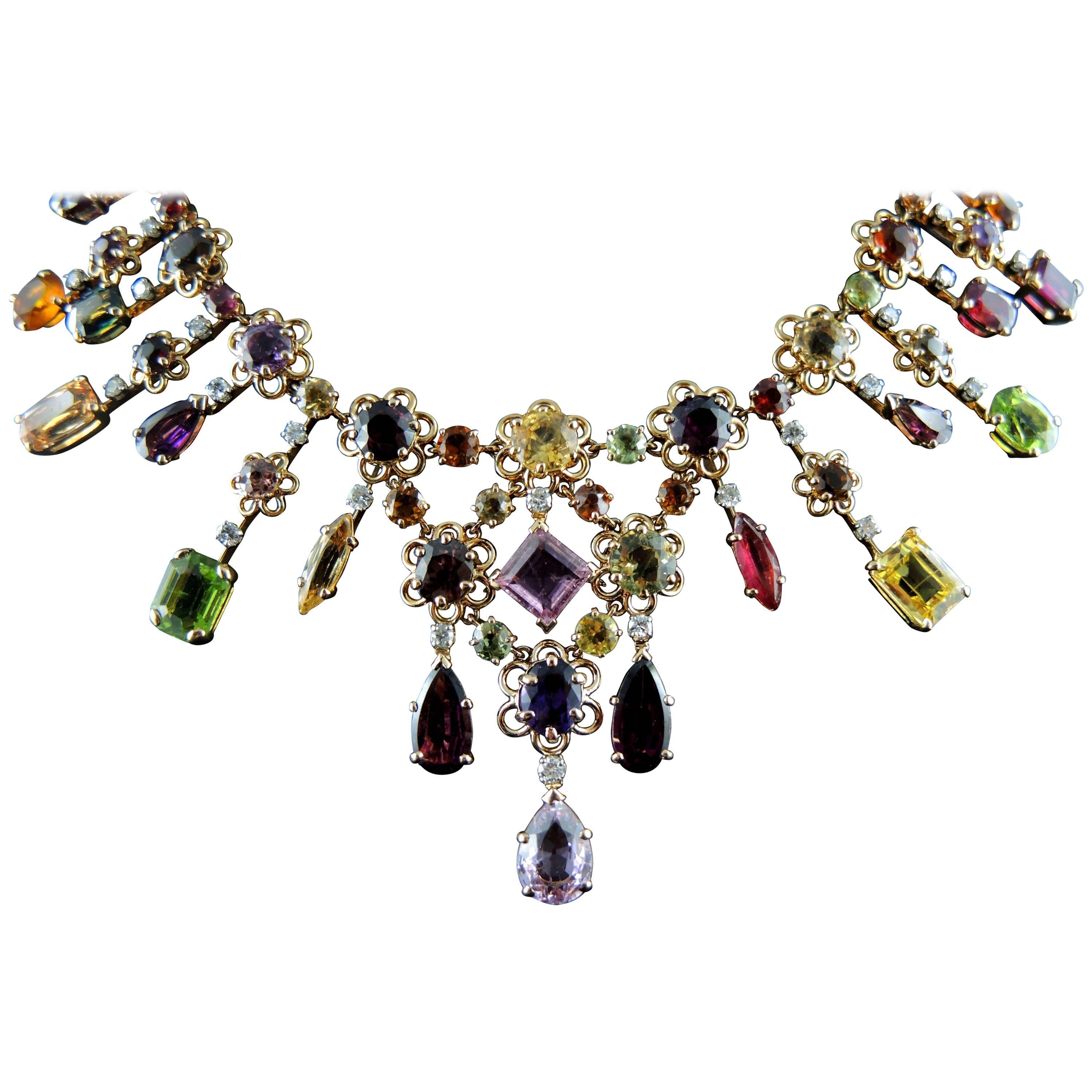 Vintage Colored Stones and Gold French Necklace, circa 1950 For Sale