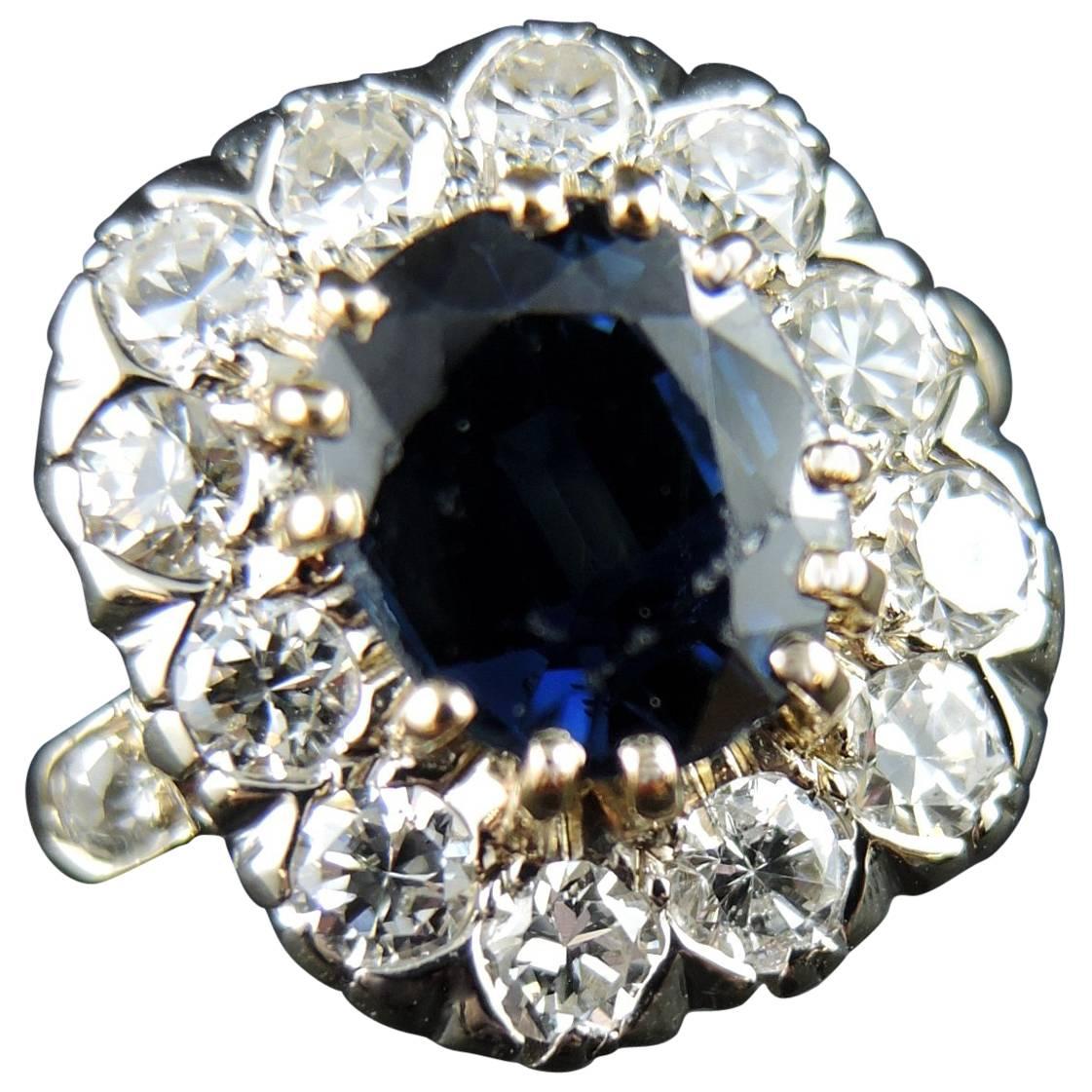 French Gold Engagement Cluster Ring with Sapphire and Diamonds, circa 1980 For Sale