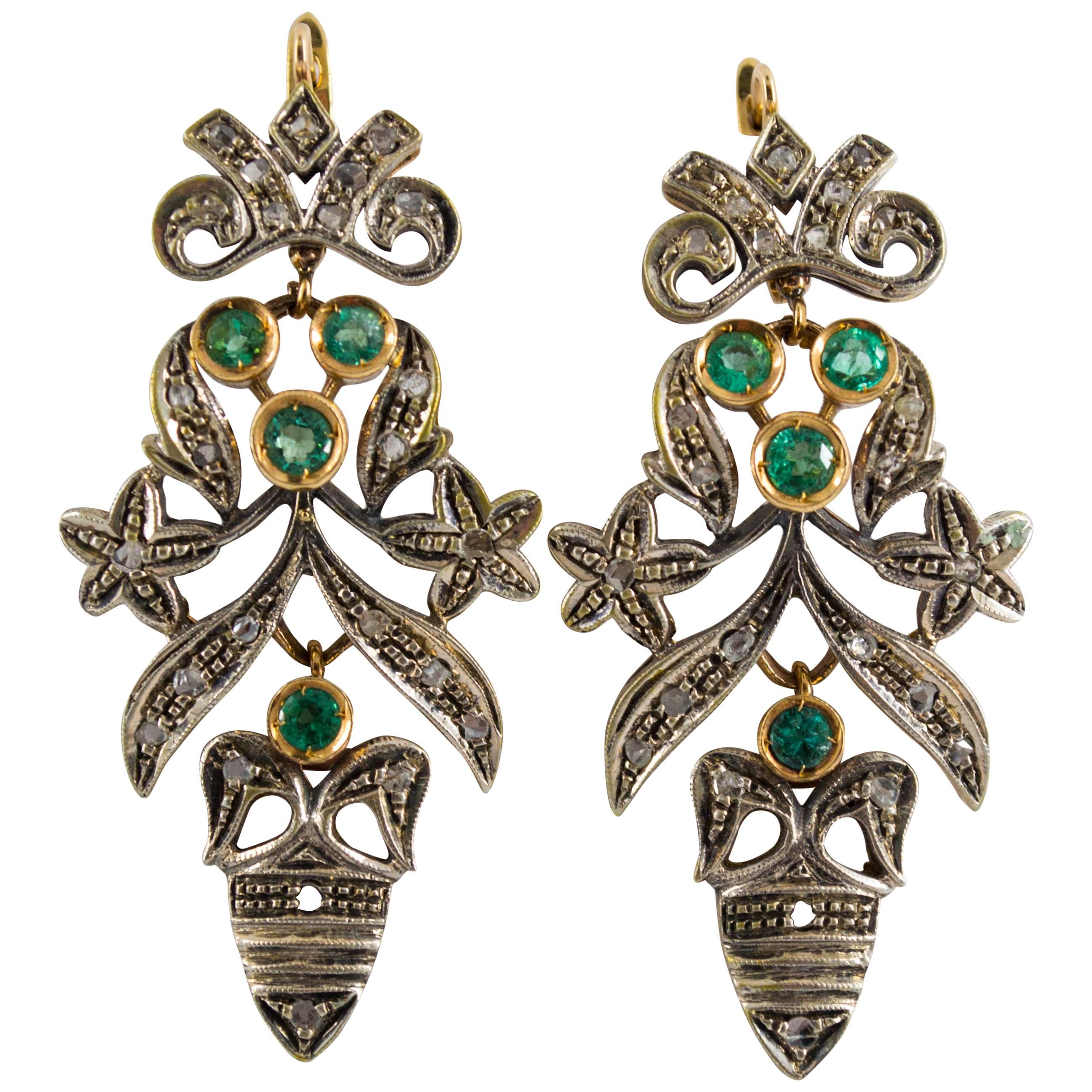Art Nouveau 1.60 Carat Emerald 0.60 Carat White Diamond Yellow Gold Earrings