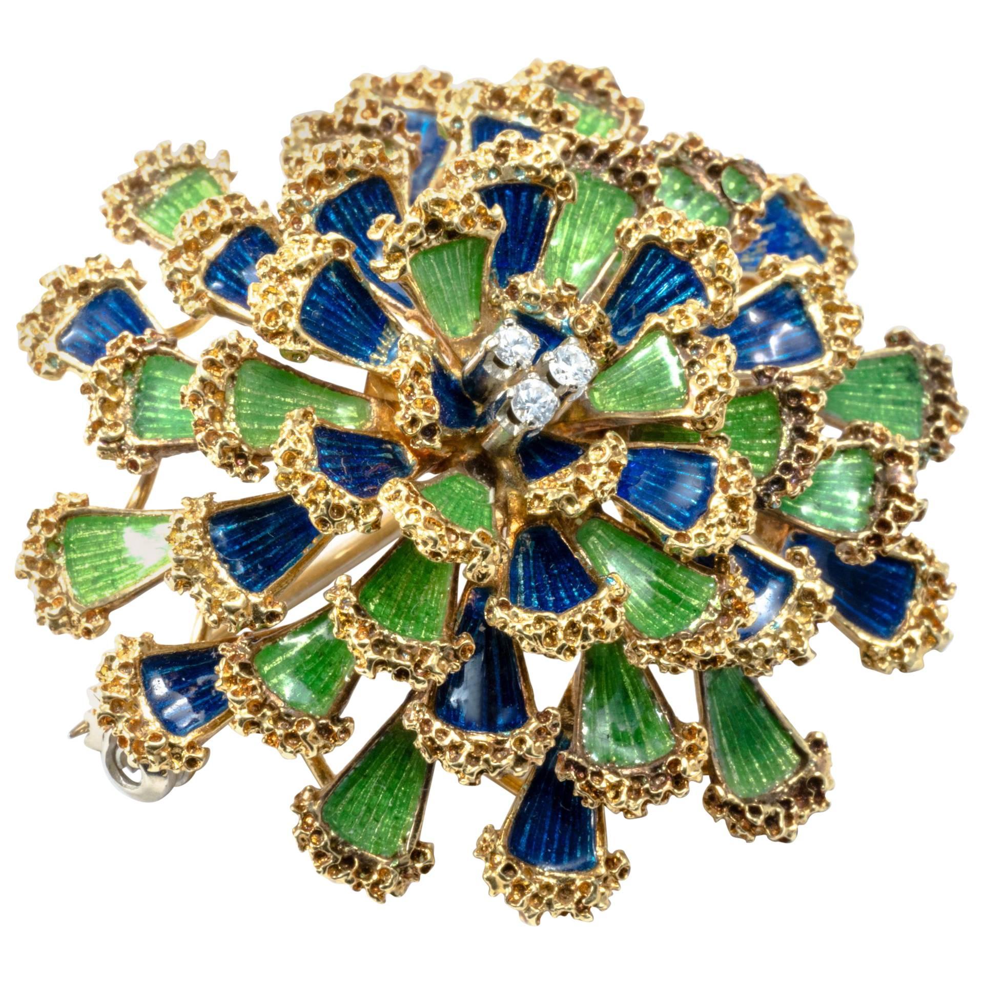 1950 Floral Dome Green and Blue Enamel Diamond 18K Gold Pendant Pin Brooch For Sale