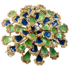 1950 Floral Dome Green and Blue Enamel Diamond 18K Gold Pendant Pin Brooch