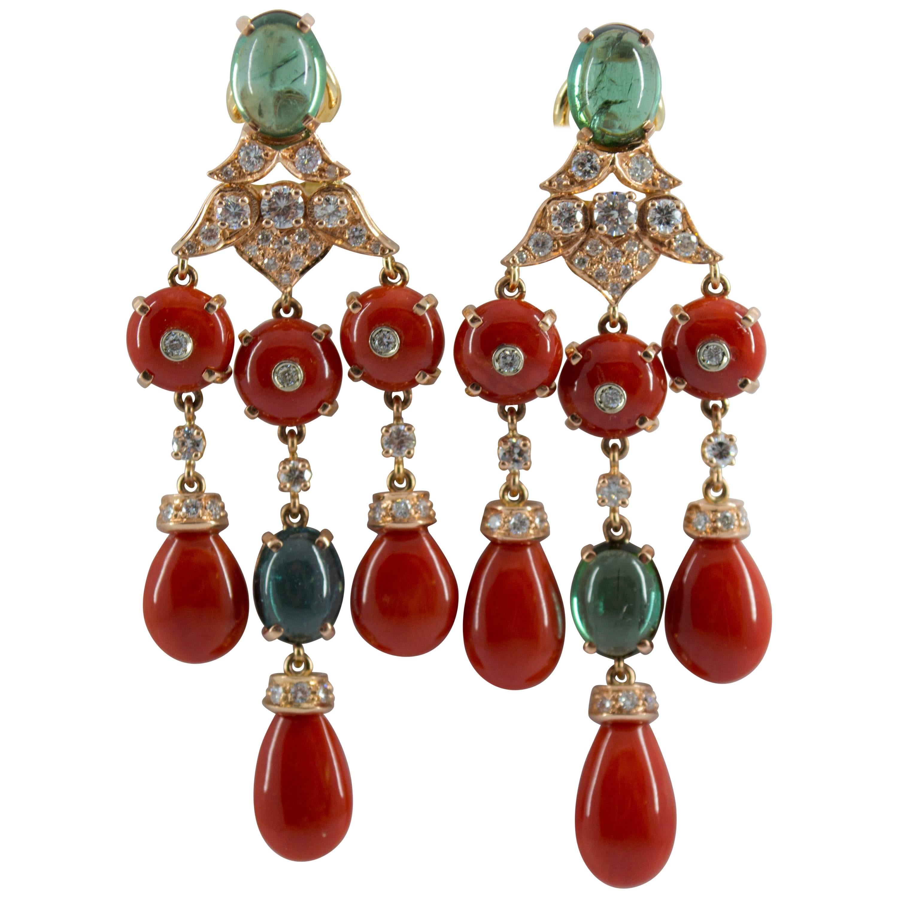 Mediterranean Red Coral 10.40 Carat Diamond Tourmaline Yellow Gold Drop Earrings