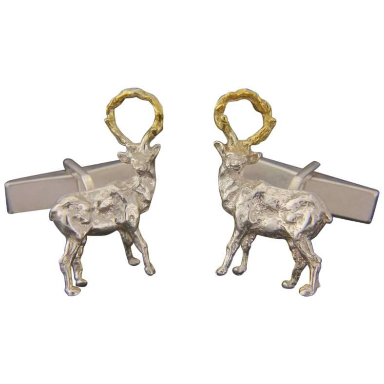 Sterling Silver and 18 Karat Gold Vermeil Stag Cufflinks For Sale