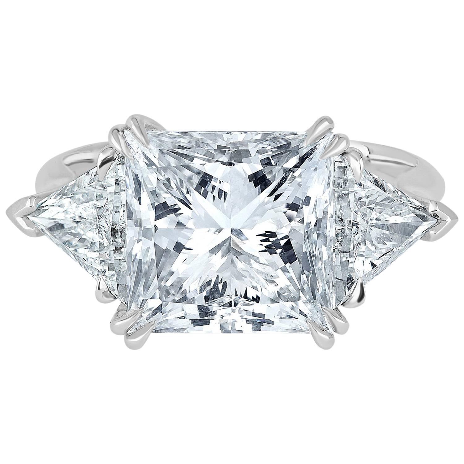 Platinum Ring, Set with Princess Cut Diamond, Weigh 5.02 Carat D Color SI1 For Sale