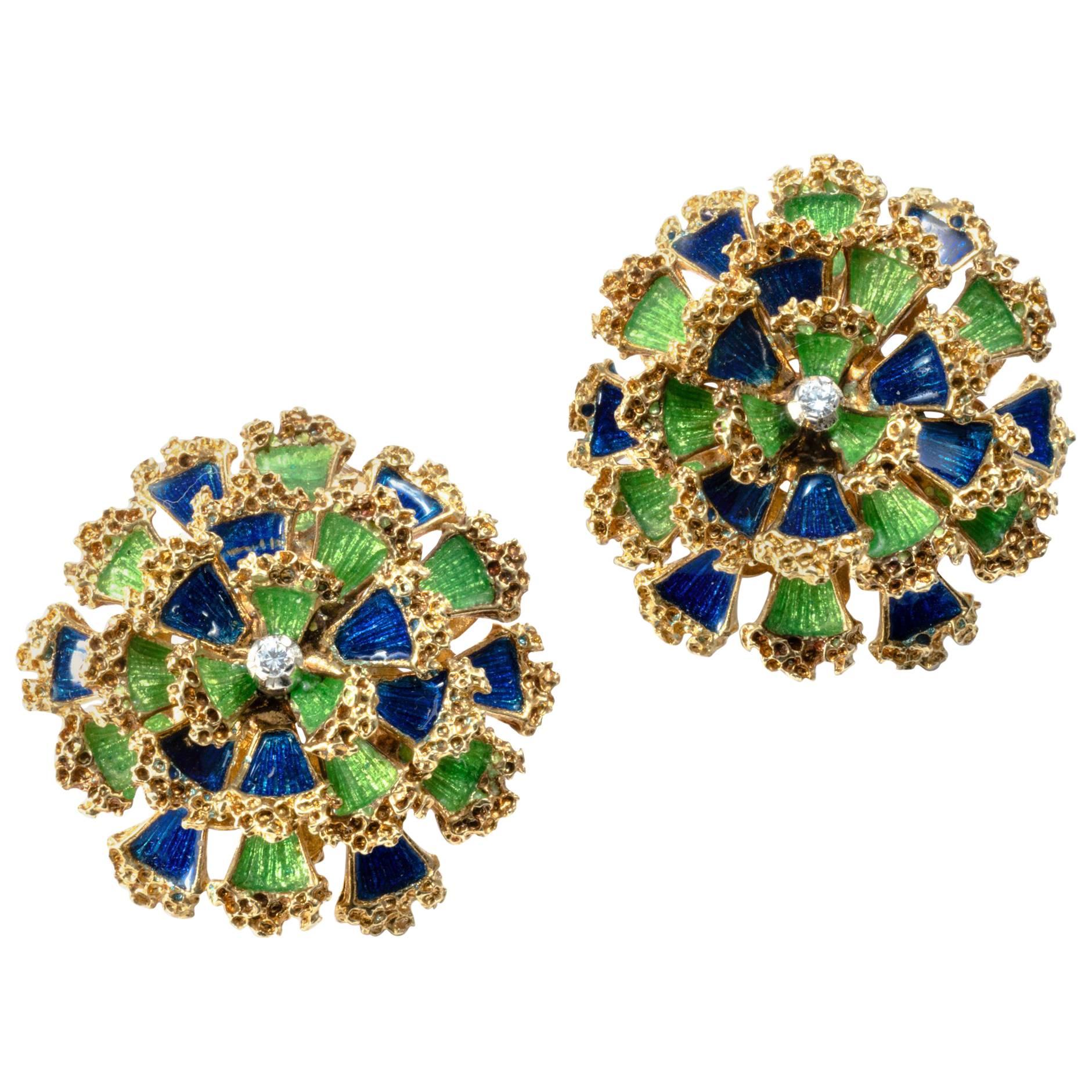1950 Floral Dome Green and Blue Enamel Diamond 18K Gold Earrings For Sale