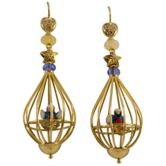 Retro Tanzanite Opal Diamond Yellow Gold Bird Cage Earrings