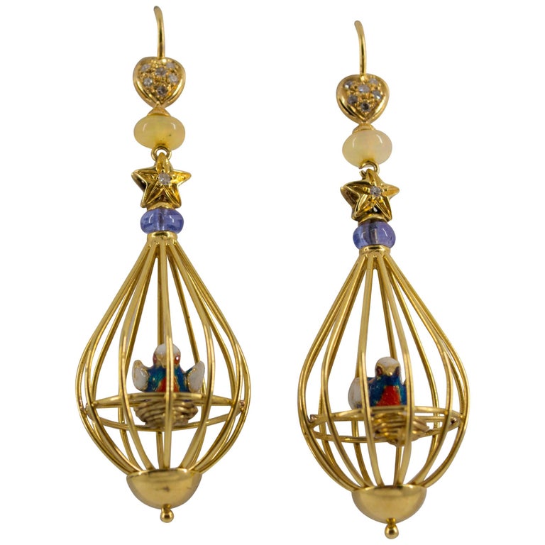 Tanzanite Opal Diamond Yellow Gold Bird Cage Earrings at 1stDibs