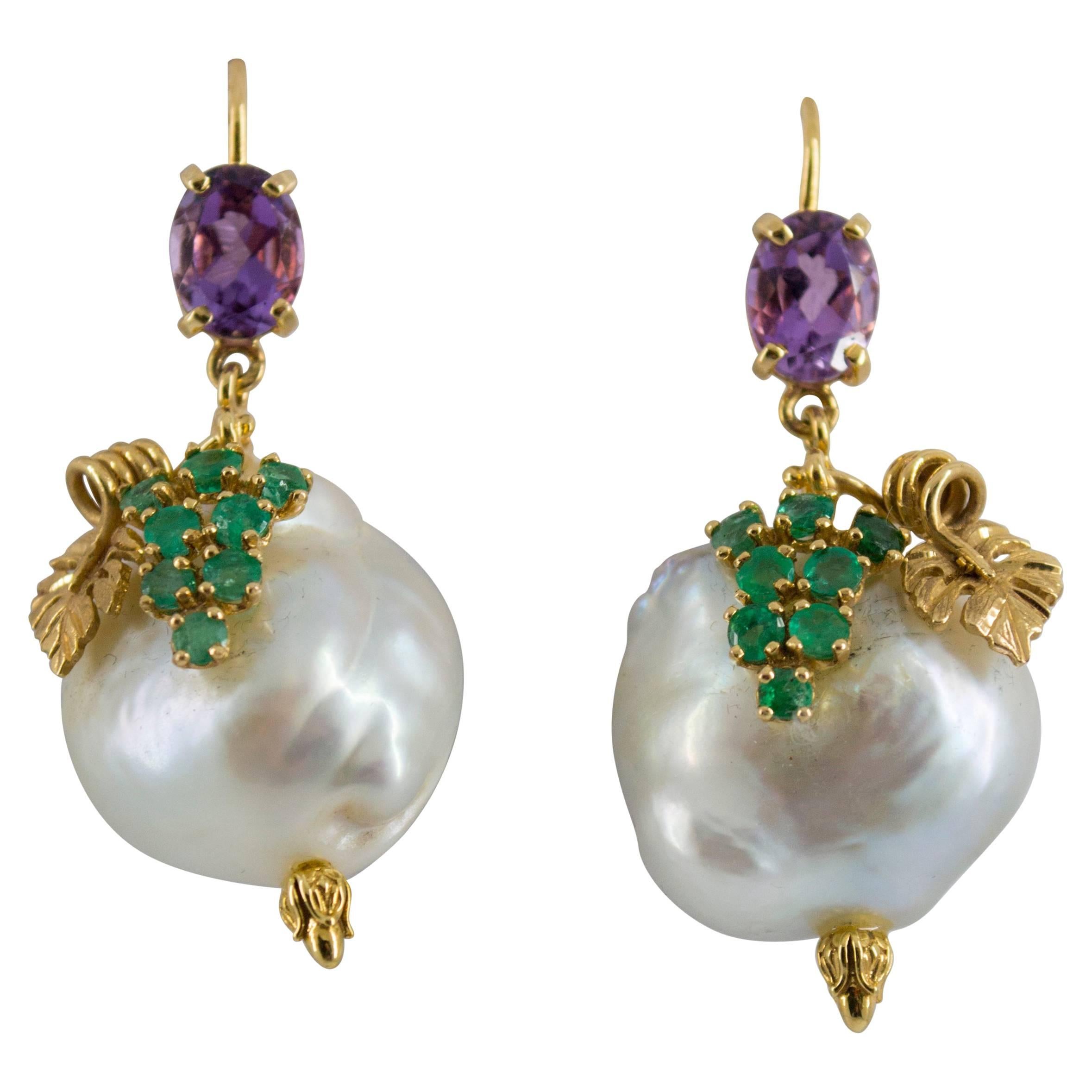 0.70 Carat Emerald Amethyst Pearl Yellow Gold Earrings