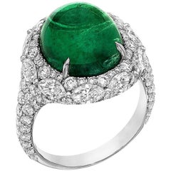 8.61 Carat Oval Cabochon Emerald Diamond Cocktail Ring