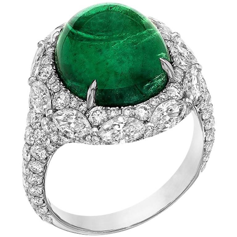 8.61 Carat Oval Cabochon Emerald Diamond Cocktail Ring For Sale at ...