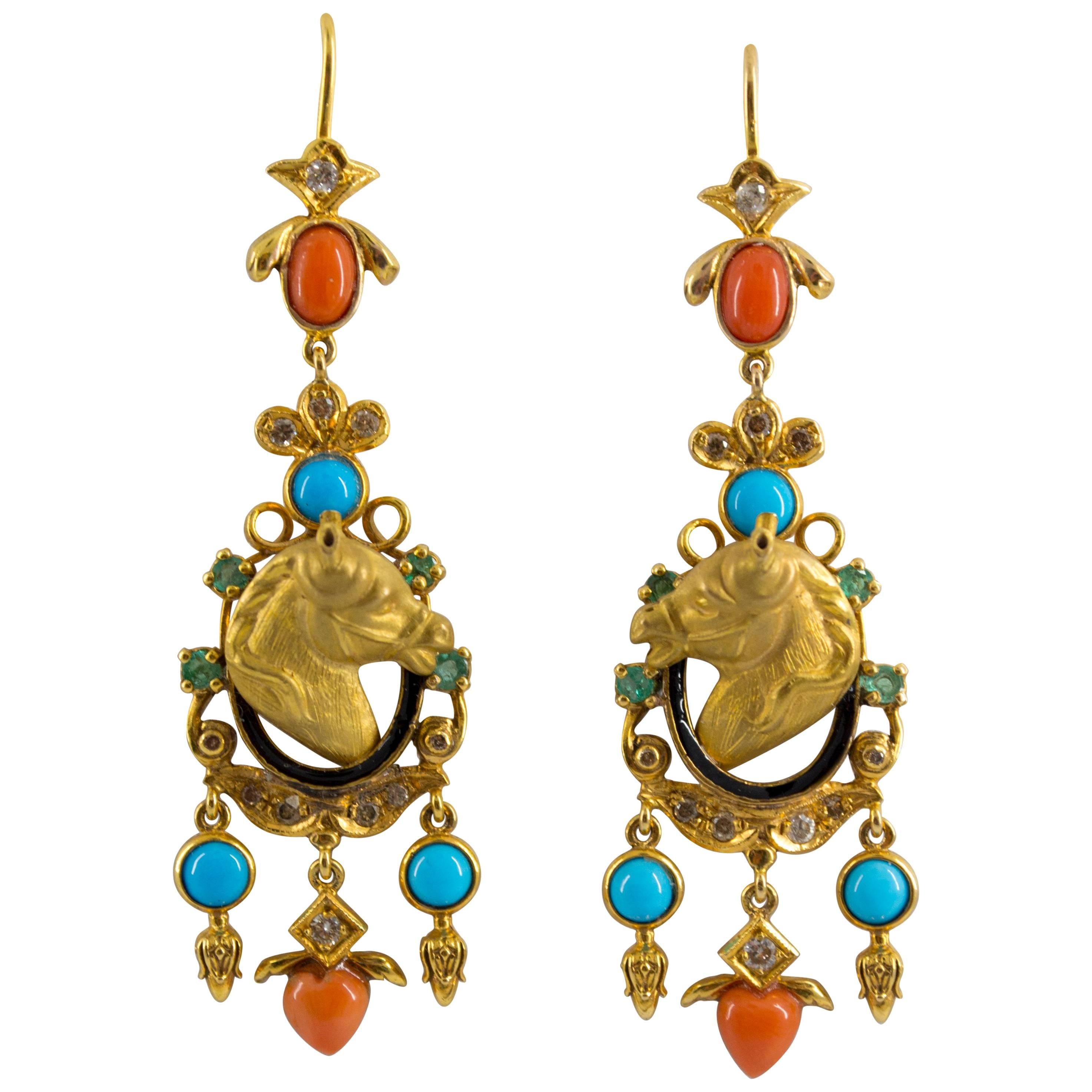 Coral Turquoise 0.90 Carat Emerald White Diamond Yellow Gold Horse Drop Earrings