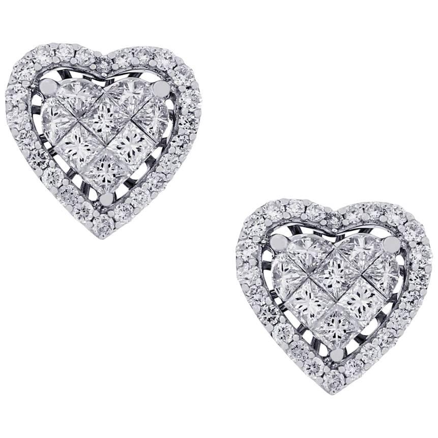 Round Brilliant and Princess Cut Diamond Heart Cluster Earrings