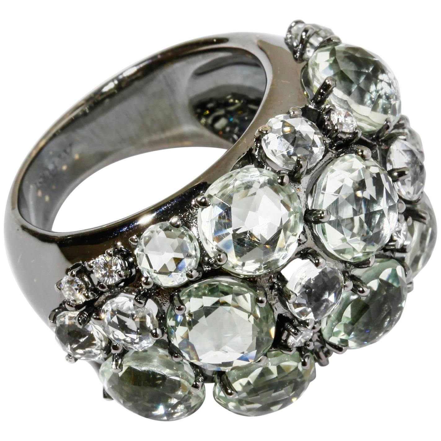 A & Furst Dome Ring Prasiolite and Diamonds 18 Karat Gold Bouquet Collection For Sale