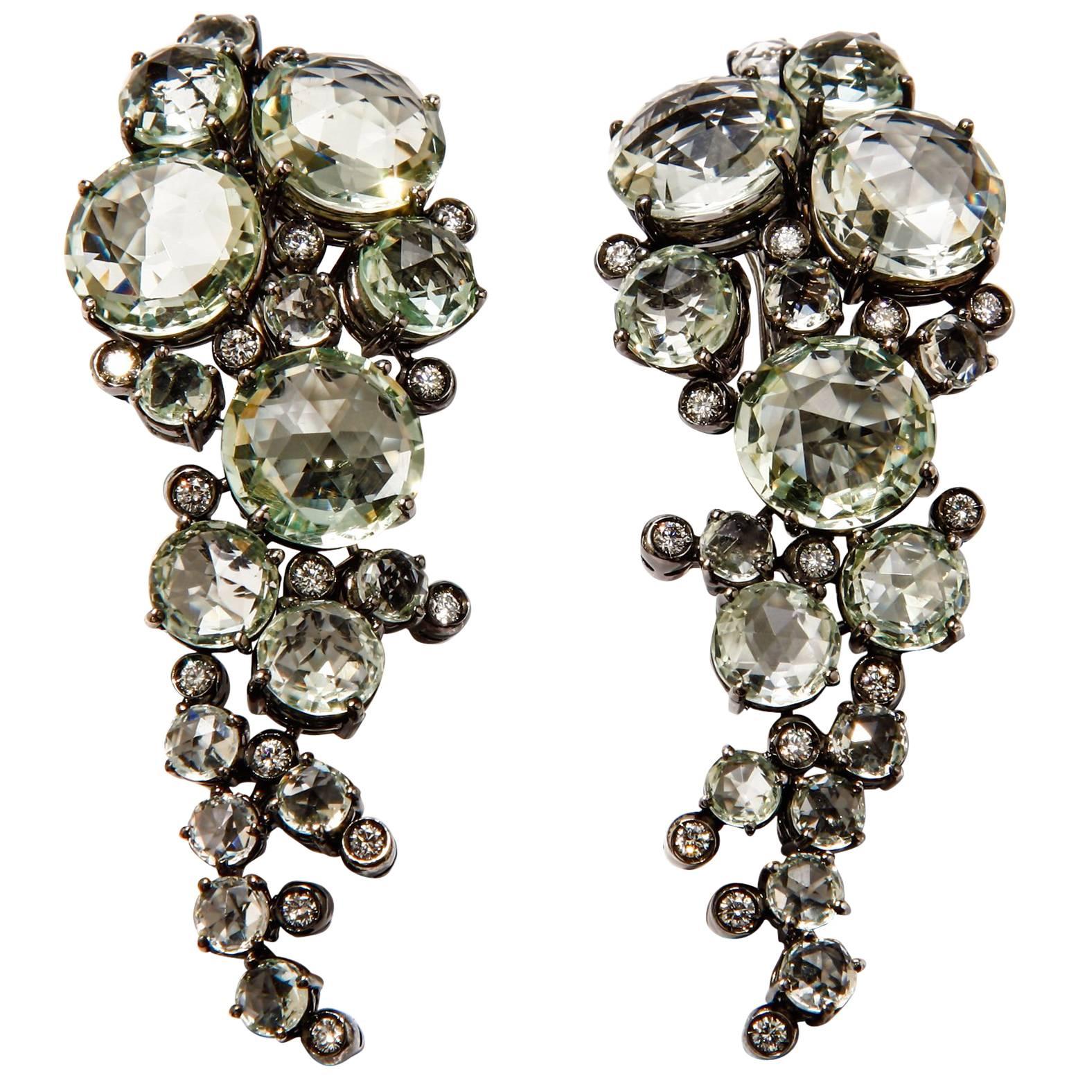 A & Furst Earrings Prasiolite and Diamonds 18 Karat Gold Bouquet Collection For Sale