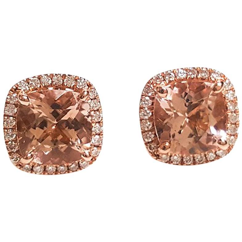 Ladies 14 Karat Rose Gold Morganite and Diamonds Earring