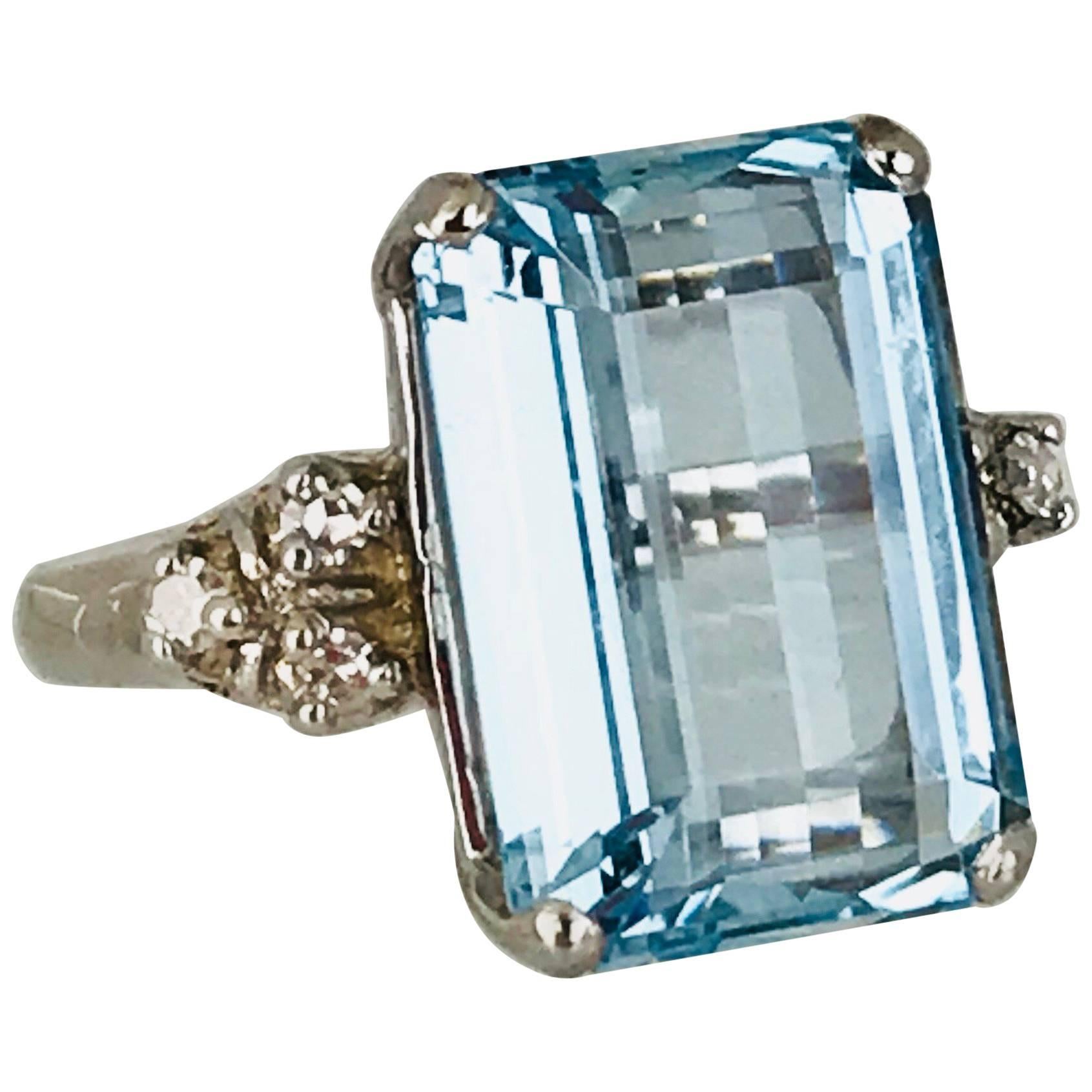 Aquamarine 13.00 Carat Emerald Cut Ring with Diamonds, Retro, circa 1965 For Sale