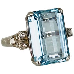 Aquamarine 13.00 Carat Emerald Cut Ring with Diamonds, Vintage, circa 1965