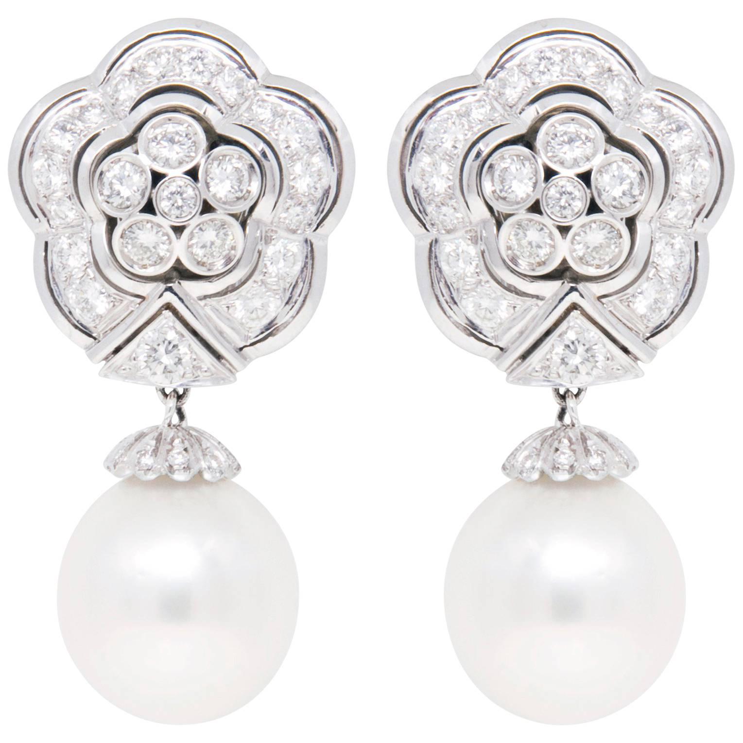 South Sea Pearl Diamond Drop Earrings En Tremblant Design by Ella Gafter