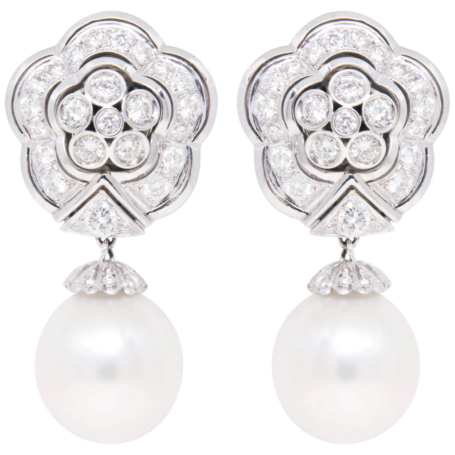 Ella Gafter 16.5mm South Sea Pearl Diamond Flower Earrings  For Sale