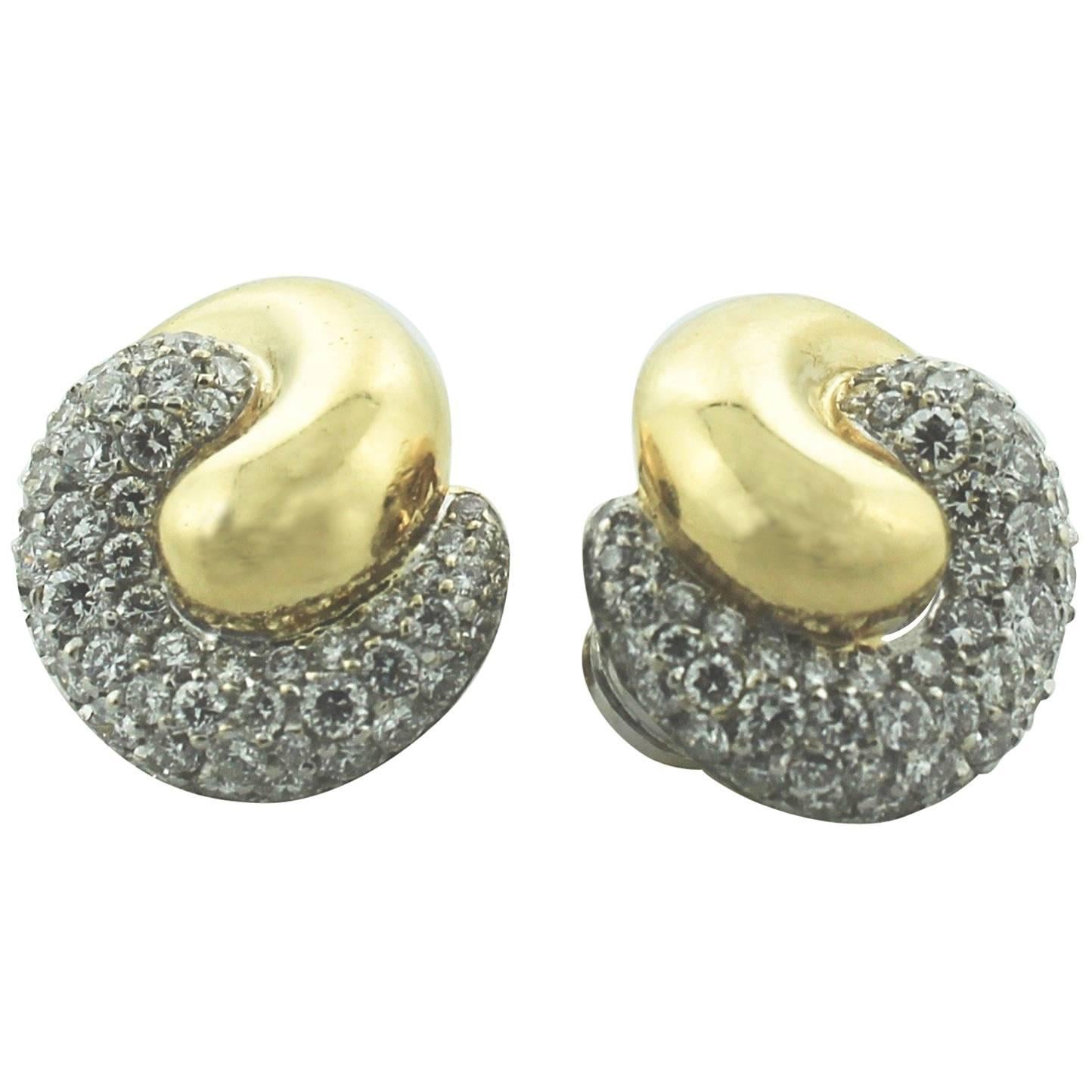 Pave' 18 Karat Yellow and White Gold Earrings For Sale