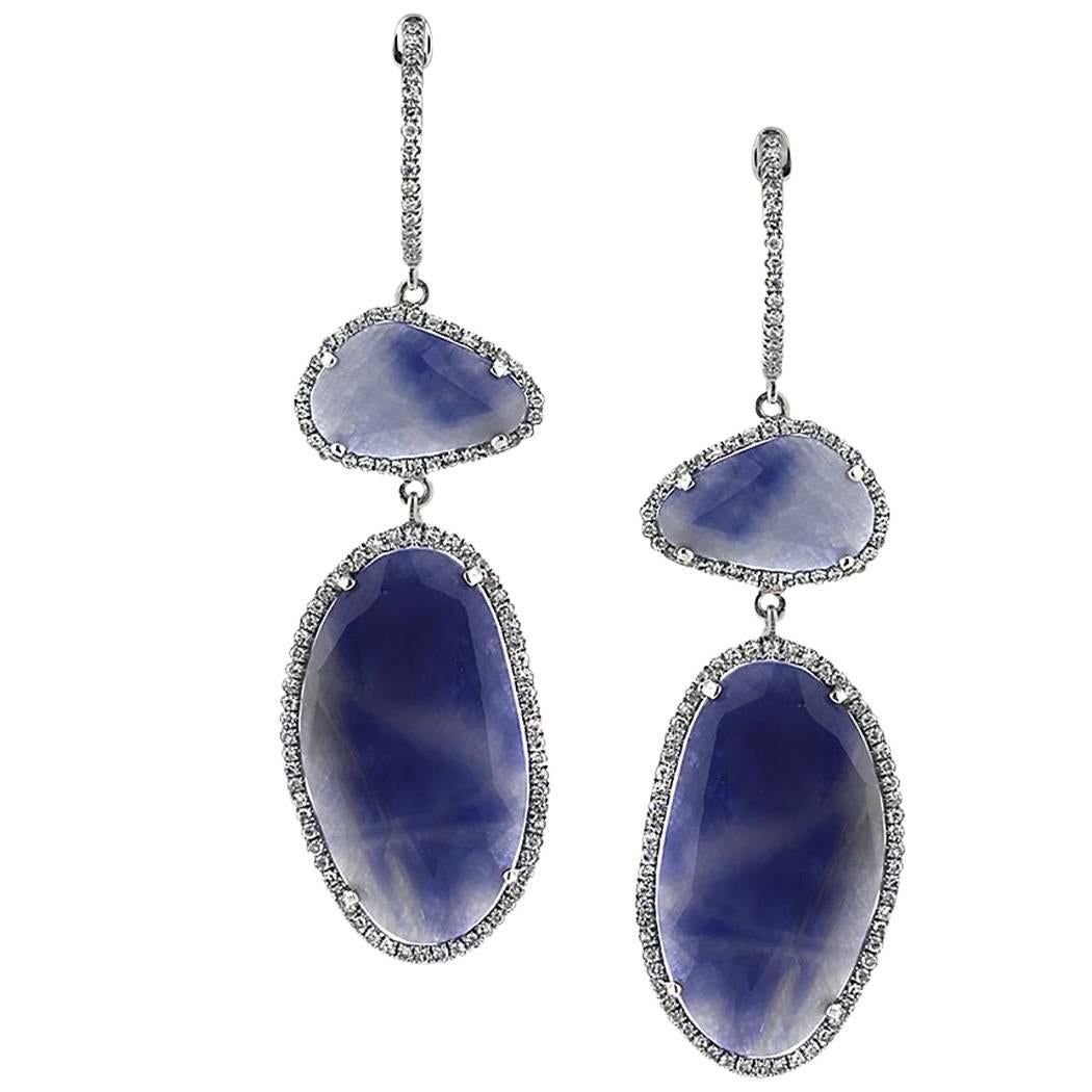 Mark Broumand 12.89 Carat Sapphire Slice and Diamond Dangle Earrings