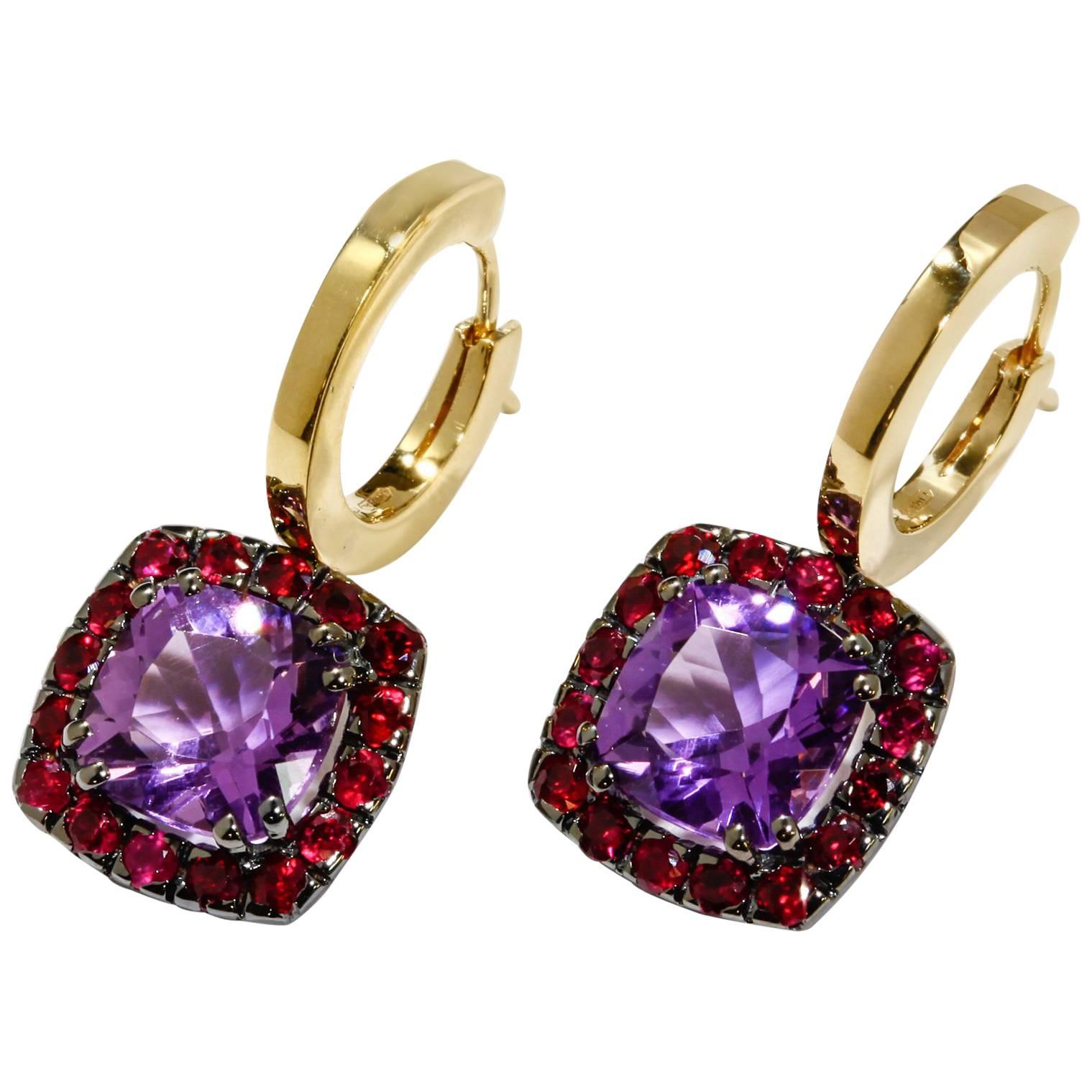 A & Furst Drop Earrings Amethyst Ruby 18 Karat Gold Dynamite Collection For Sale