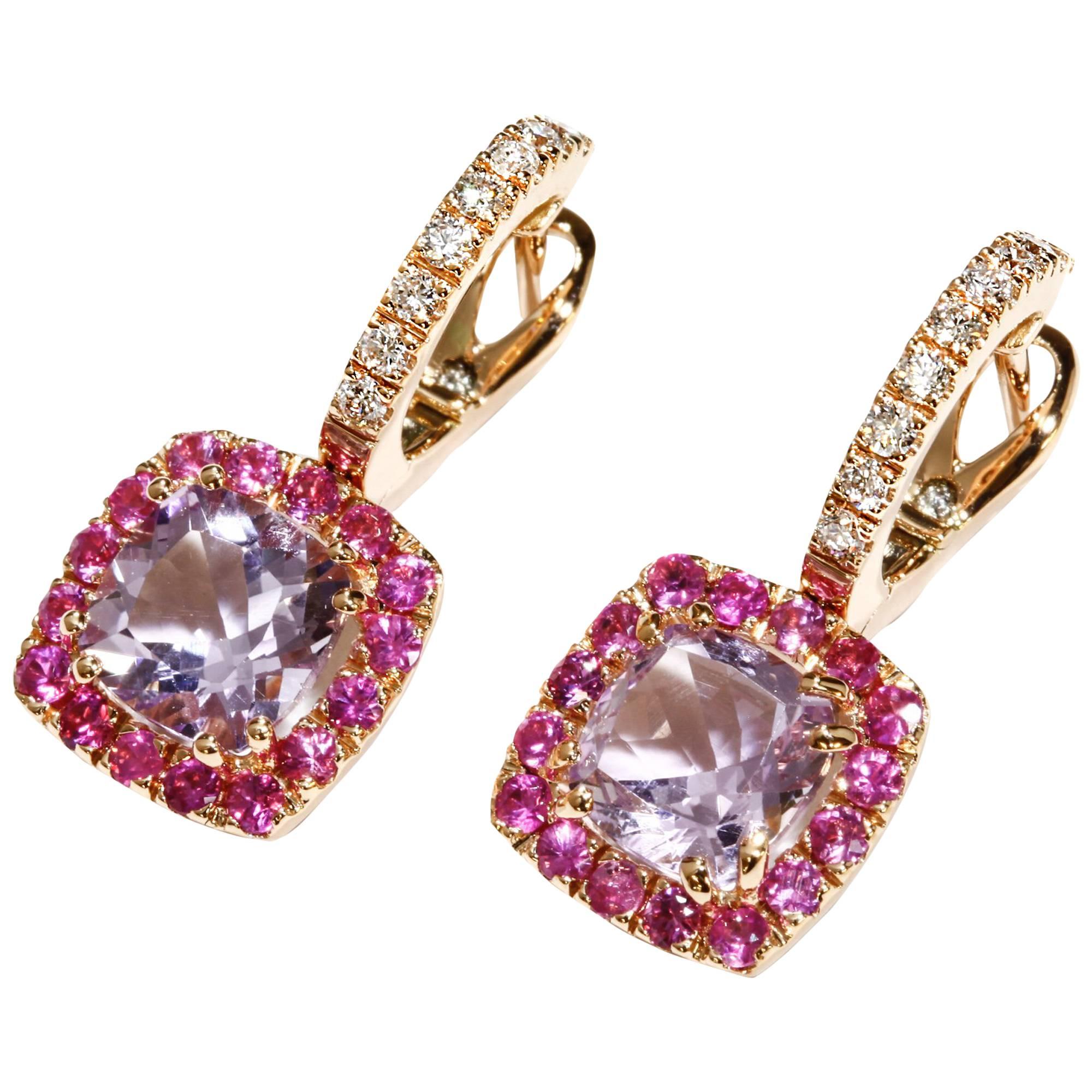 A & Furst Drop Earrings Rose de France Pink Sapphire 18 Karat Rose Gold Dynamite For Sale