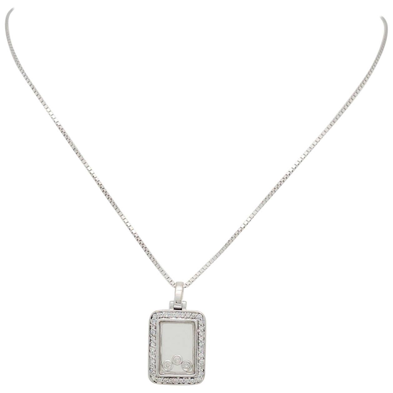 14 Karat White Gold Floating Diamond Rectangle Pendant Necklace For Sale