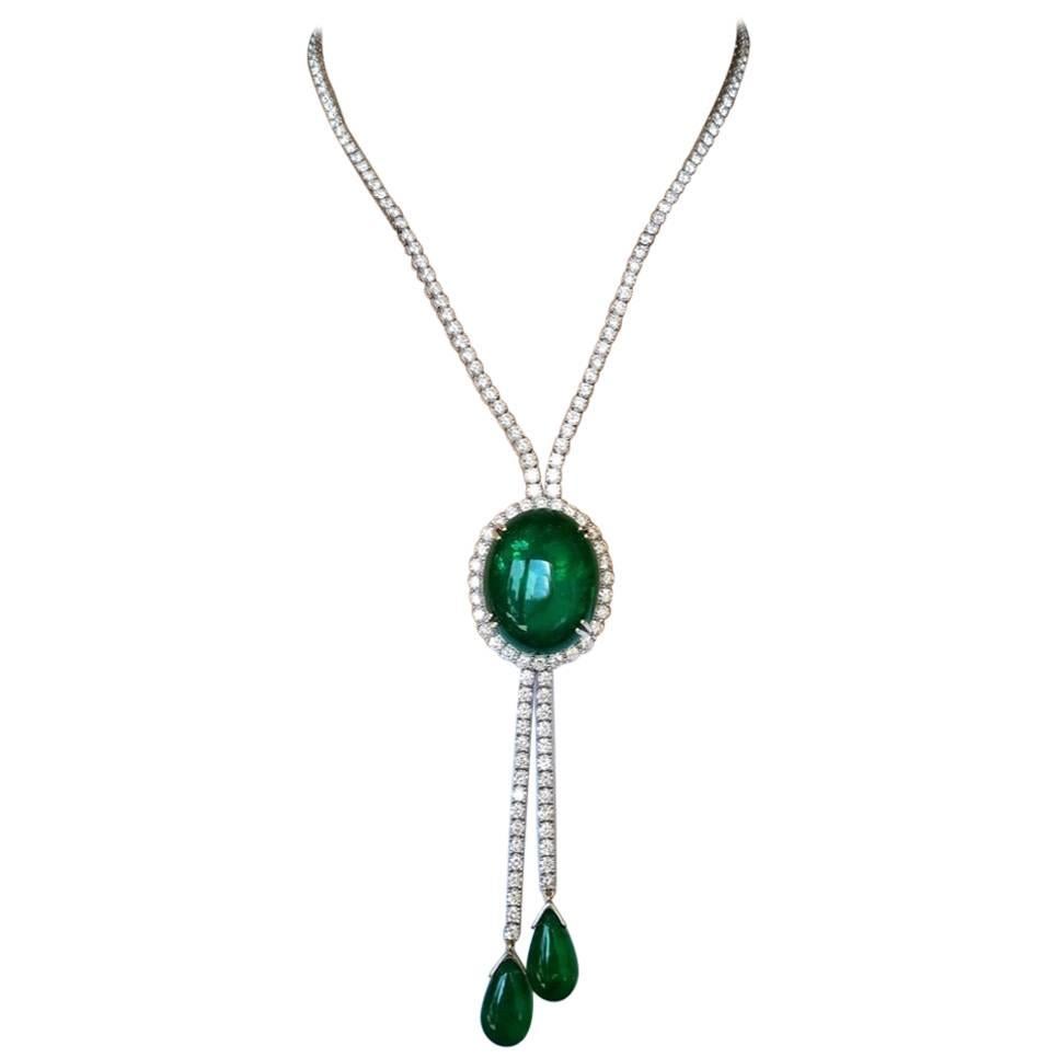 Emerald Cabochon and Diamond 18 Karat Gold Necklace For Sale