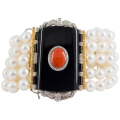 Vintage Mediterranean Red Coral Onyx Pearl 1.60 Carat Diamond Gold Bracelet