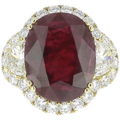 12.52 Carat Oval Natural Ruby Cocktail Ring Half-Moon Diamonds 18K Yellow Gold 