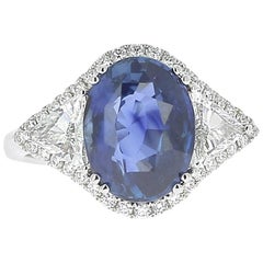  5.07 Carat No Heated Blue Sapphire Cocktail Ring Set Trillion Cut White Diamond